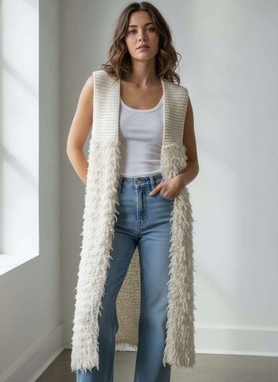 Free People "Rolling Stone" Shaggy Longline Open Front Boho Cardigan, Large